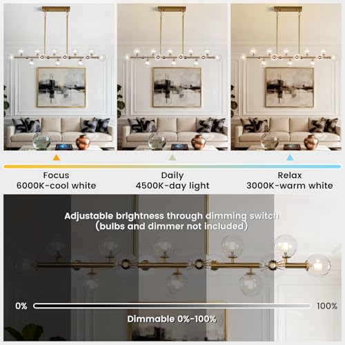 Gold Globe Chandelier Linear Rectangle Modern Chandelier Glass Pendant Light Fixture Adjustable for Dining Living Room Kitchen Island 55" - color: transparent-55in