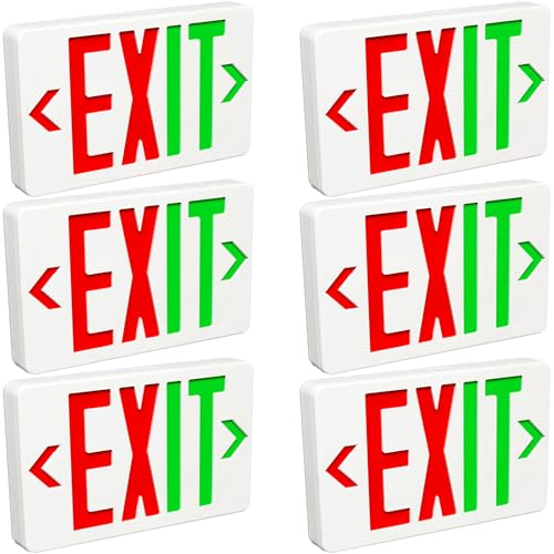 Red/Green LED Exit Sign, Commercial Emergency Exit Light with Battery Backup, Double Face, UL 924 Qualified, AC 120/277V, Hardwired Red Letter Sign Lights for Business Indoor (6-Pack) - size: 6-Pack