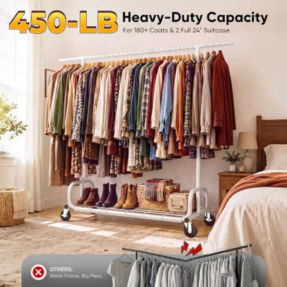 HOKEEPER Clothes Rack 450LBS Adjustable Garment Rack with Wheels, White - color: White