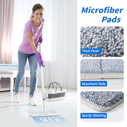 Oshang Flat Mop and Collapsible Bucket OG7 with Wheels, 2 Washable Reusable Microfiber Pads, Pure White - color: Pure White