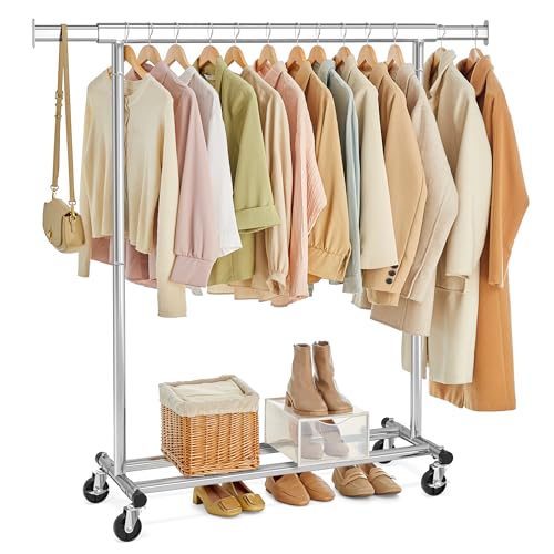 SONGMICS Clothes Rack with Wheels, Heavy-Duty, 220 lb Load Capacity - color: Silver, size: 17.7"D x (36.2"-52")W x 63.6"H