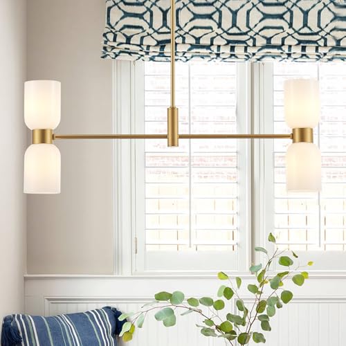 Modern Linear Chandelier for Kitchen Island, Gold Island Light Fixtures with White Glass Shade, 4-Light Linear Pendant Light Fixture for Dining Room - color: Gold
