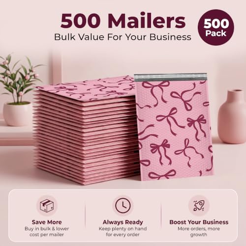 Pink Bow Bubble Mailers 4x8, Designer Padded Envelopes #000, 500 Pack Bulk - color: Pink Bow, size: 4"x8" / 500 Pack