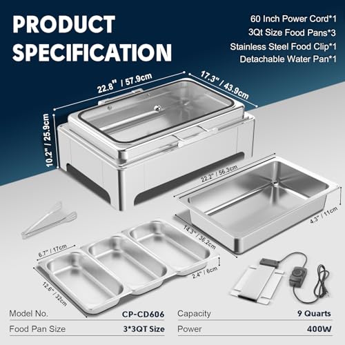 Electric Chafing Dish, 3 x 3QT Buffet Warmer with Glass Lids - size: 606-Triple Pan