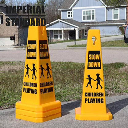 Imperial Standard Children Playing Cone (4 Pack) - Children At Play Sign - Four-Sided Slow Down Kids Cones - Child At Play Signs - Drive Slow/Kid Alert Sign - style: 4 Pack