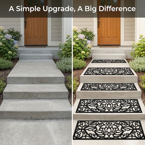 YOUEON 4 Pcs Rubber Stair Treads Non-Slip for Indoor & Outdoor Stairs, 29 x 9.5 Inch Heavy Duty Decorative Step Mats with Assembly Kits, Weather Resistant, Easy to Clean, Lotus Cutout, Black