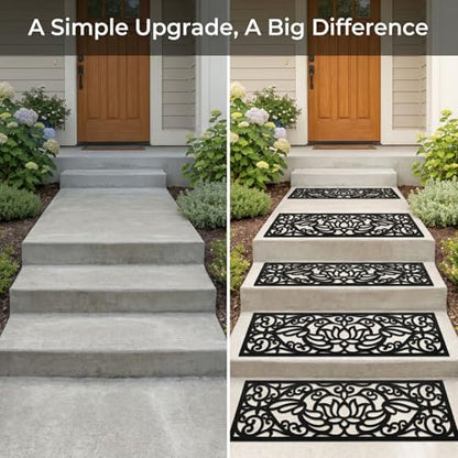 YOUEON 4 Pcs Rubber Stair Treads Non-Slip for Indoor & Outdoor Stairs, 29 x 9.5 Inch Heavy Duty Decorative Step Mats with Assembly Kits, Weather Resistant, Easy to Clean, Lotus Cutout, Black