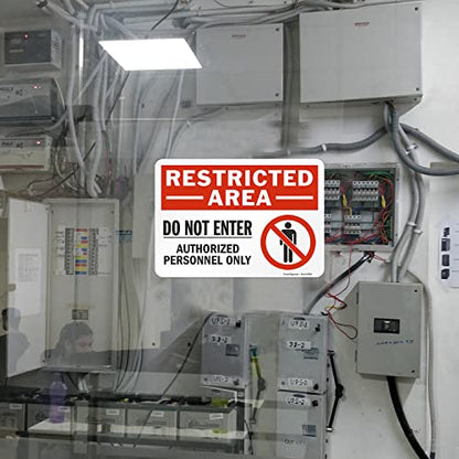 SmartSign 7 x 10 inch “Restricted Area - Do Not Enter, Authorized Personnel Only” Sticker Label with Symbol, 3 mil Laminated Adhesive Polyester, Red, White and Black, Made in USA - style: 7" x 10" - Vinyl