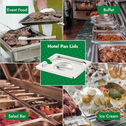 HECMAC 6-Pack 1/4 Size Slotted Hotel Pan Cover, Stainless Steel Solid Steam Table Catering Food Pan Lid with Handle, 23 Gauge - size: 1/4 Size, Notched Lid