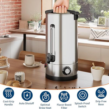70 Cup Commercial Coffee Urn,10l / 2.6Gal Double Wall Insulation Coffee Dispenser,Stainless Steel Large Hot Beverage & Water Dispenser with Automatic Temperature Control for Buffets - color: Silver, size: 70 Cups/10L