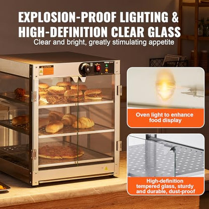 VEVOR 3-Tier Commercial Food Warmer Display, 800W Food Display Warmer with Light to Enhance Food Display, 86℉~185℉ Temperature Control, 90L Large Capacity for Hamburger, Pizza, Bread, Fried Chicken - size: 3-Tier-95Qt