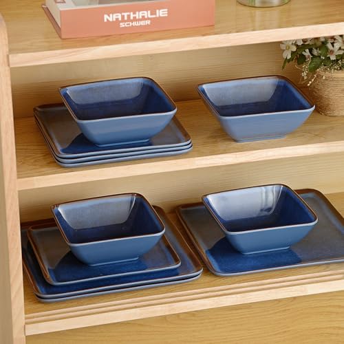 Melamine Dinnerware Set, 12-Piece Blue Square Plates and Bowls for 4