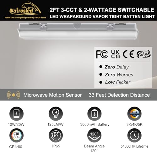 2FT LED Vapor Tight Emergency Light, Battery Backup, Tri-Level Motion Sensor,IP65 IK08, 10W(1250lm)/20W(2500lm), 3/4/5000K CCT, Dimmable, Outdoor Waterproof Shop Light,Vapor Proof Lighting Fixture,FCC - color: 3000K/4000K/5000K