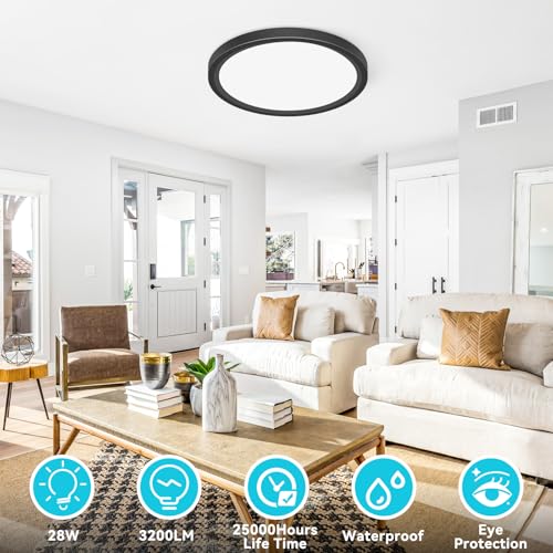 libtit 12 inch Flush Mount LED Ceiling Light Fixture, 3000K 4000K 6500K Adjustable, 28W 3200lm Black Round Lighting Fixtures for Bathroom Shower Hallway Kitchen, 6 Pack - color: Black, size: 12in-6Pack