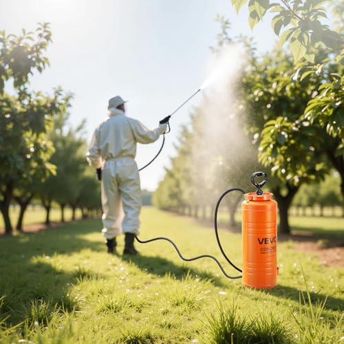 VEVOR Industrial Concrete Sprayer, 3.5 Gallon Stainless Steel Sprayer, Heavy Duty Tri-Poxy Pump Sprayers, 20.5"Wand with Ergonomic Gun Handle, 48"& 120"Hose, 2 Brass Nozzles for Construction, Garden - size: 3.5 Gal Basic