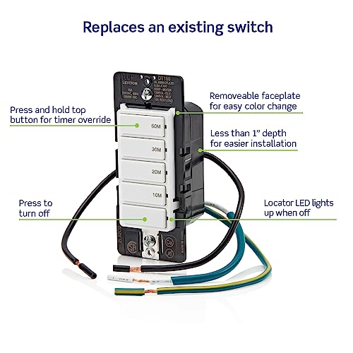 Leviton Countdown Timer Switch for bathroom fan and household lights, 10-20-30-60 min, No Neutral Required, Single Pole, 15A, 1/2HP/9.8A Fan/Motor, DT160-1LW, White - size: 15-Amp, style: 10-20-30-60 min, No Neutral Required