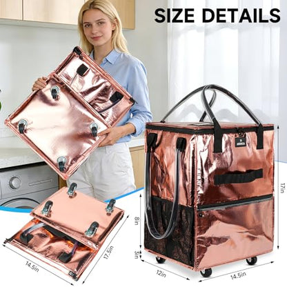Reusable Grocery Bag on Wheels, Foldable Rolling Tote Bag with 6 Pockets - color: Rose Gold, size: Small
