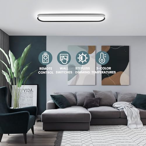 ADISUN Modern LED Ceiling Light Dimmable Linear Ceiling Light 39.4in Semi Flush Mount Long Lights with Remote Control and Side Lighting for Living Room Kitchen Dining Room, 2 Pack(65W) - color: Black-2Pack, size: 39 Inch