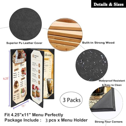 4.25 x 11inches Leather Menu Holder with Strong Wood Inside, 3 Packs Leather Menu Covers 4 View Book Style Restaurant Menu Covers for Wine List Coffee Bars Hotel Restaurant（4.25” x 11”/4 views /3 pcs） - size: 4.25 x 11 inch/4 views/3 pcs