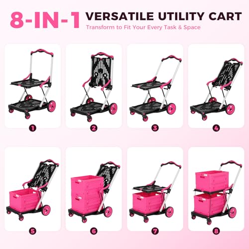 Collapsible Shopping Cart with Wheels, Foldable Platform Hand Truck (Pink) - color: Pink