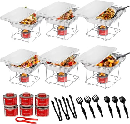 Alpha Living 6 Pack - Disposable Chafing Dish Buffet Set, Half Size Pans, Welded Body Food Warmers for Parties, Fuel Cans Complete Set, Warming Trays - size: Complete Kit (with Racks)