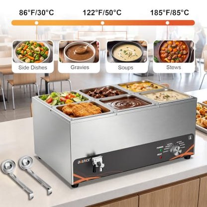 Commercial Food Warmer 6 Pan, 25QT Stainless Steel Bain Marie 1500W - size: 6 Pans