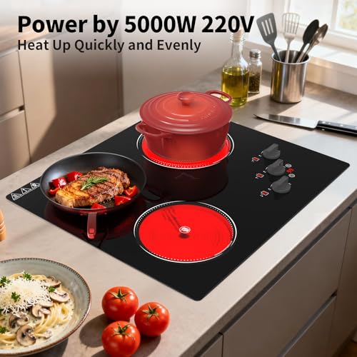 GIHETKUT Electric Cooktop, 220V 5000W Stove Top, 9 Power Levels, Kids Lock & Timer, Hot Surface Indicator, Overheat Protection,knob and touch control 3 Burner Electric cooktop - size: 3 Burner Electric cooktop
