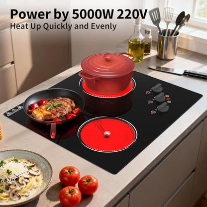 GIHETKUT Electric Cooktop, 220V 5000W Stove Top, 9 Power Levels, Kids Lock & Timer, Hot Surface Indicator, Overheat Protection,knob and touch control 3 Burner Electric cooktop - size: 3 Burner Electric cooktop