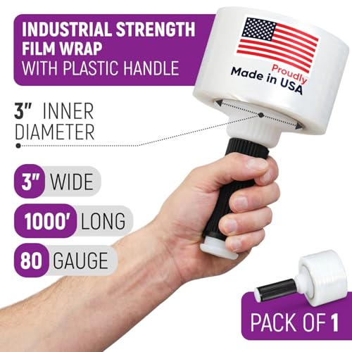 3" x 1000' Industrial Strength Stretch Wrap, Ready to Use Pack of 1 Mini Roll with Handle, Clear Plastic Film, 80 Gauge Thick, 500% Elongation – Heavy-Duty Shrink Wrap for Moving, Packing - style: Pack of 1