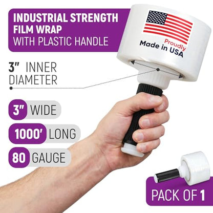 3" x 1000' Industrial Strength Stretch Wrap, Ready to Use Pack of 1 Mini Roll with Handle, Clear Plastic Film, 80 Gauge Thick, 500% Elongation – Heavy-Duty Shrink Wrap for Moving, Packing - style: Pack of 1