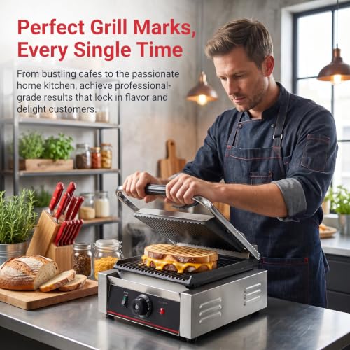 Commercial Panini Press With Grooved Grill Sandwich Maker Machine Electric Contact Grill Single (Single Grooved Top&Bottom) - style: Single Grooved Top&Bottom