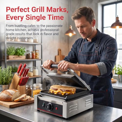 Commercial Panini Press With Grooved Grill Sandwich Maker Machine Electric Contact Grill Single (Single Grooved Top&Bottom) - style: Single Grooved Top&Bottom