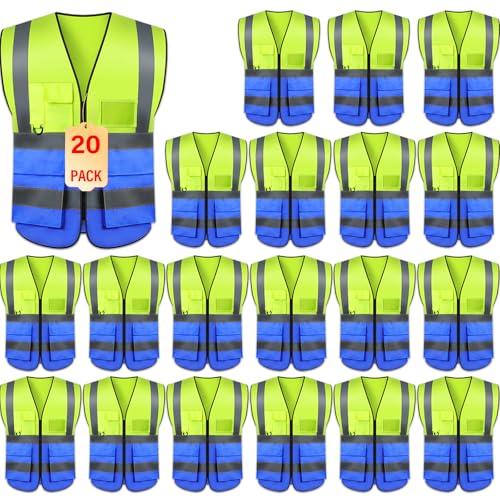 Safety Vests 20 Pack,Hi Vis Construction Vest with 5 Pockets and Zipper,Reflective Vest for Men Women Work One Size - color: Yellow+blue