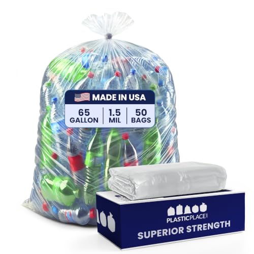 Plasticplace 65 gallon Trash Bags │ 1.5 Mil │ Clear Heavy Duty Garbage Can Liners │ 50” x 48” (50Count) - color: White, size: 1 Count (Pack of 50)