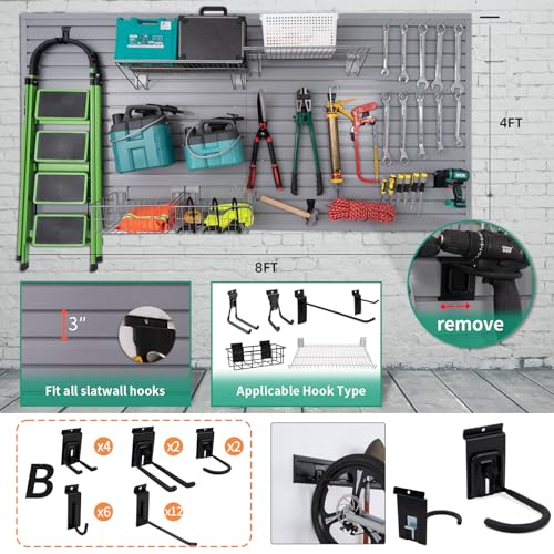 FRAYSCENT Slat Wall Paneling Garage Slat Wall Storage Systems Slatwall Panels Power Tool Organizer Wall Mount, PVC Garage Storage & Organization Products Slate Board (Grey, 4ft x 8ft with 26 Hooks) - color: Grey, size: 8x4ft(26hooks)
