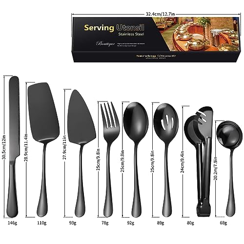 AARAINBOW Exquisite 8 Pieces Serving Utensils Set, Stainless Steel Serving Utensils Large Hostess Serving Set with Serving Spoons, Serving Tongs, Serving Fork, Cake Knife for Parties Buffet (8 Black)… - color: Black