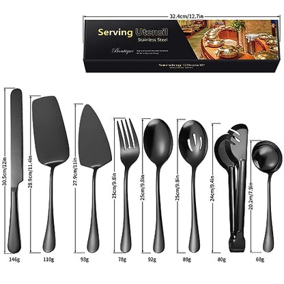 AARAINBOW Exquisite 8 Pieces Serving Utensils Set, Stainless Steel Serving Utensils Large Hostess Serving Set with Serving Spoons, Serving Tongs, Serving Fork, Cake Knife for Parties Buffet (8 Black)… - color: Black
