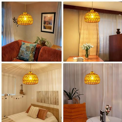 7.7" Dome Hemp Rope Pendant Light, E26 Gold Woven Adjustable Hanging Lamp - color: Basket Shape, size: 8 inch