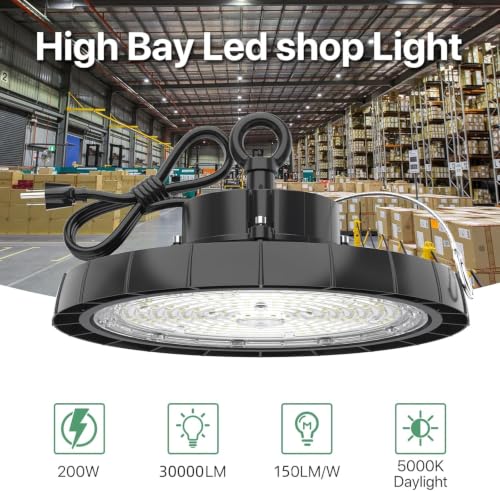 UFO LED High Bay Lights: 200W 30000LM 5000K Led Shop Lights High Bay Led Lights with Plug Suitable for Gym Warehouse Workshop Factory Gym Garage Barn AC100-277V IP65
