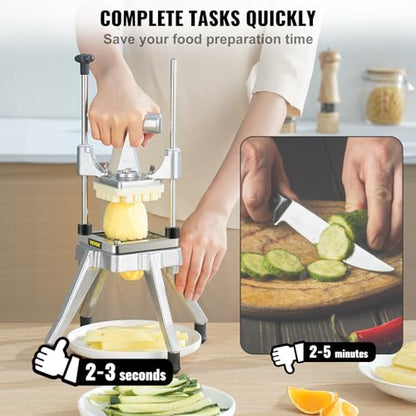 VEVOR Commercial Vegetable Fruit Chopper, Stainless Steel French Fry Cutter w/ 4 Blades 1/4" 3/8" 1/2", Vegetable Chopper Dicer w/Stainless Bowl, Heavy Duty Cutter for Potato Tomato Onion Mushroom - size: 1/4" + 3/8" + 1/2" + 6-Wedge Slicer
