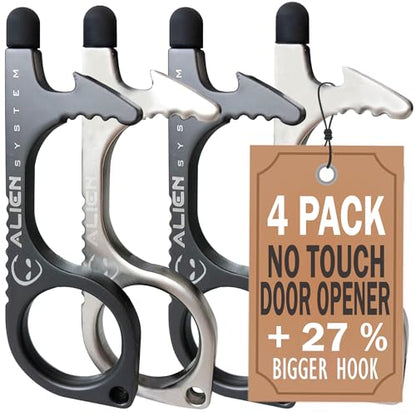 No Touch Door Opener Keychain 4 Pack - Larger Hook, Stylus & Bottle Opener - color: Silver Pearl + Gun Grey