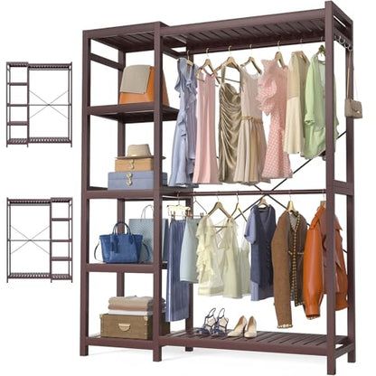 Homykic Bamboo Clothing Rack with 7 Adjustable Shelves, 2 Rods, Espresso - color: Espresso, size: II Medium