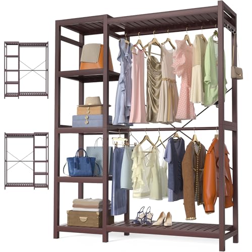 Homykic Bamboo Clothing Rack with 7 Adjustable Shelves, 2 Rods, Espresso - color: Espresso, size: II Medium