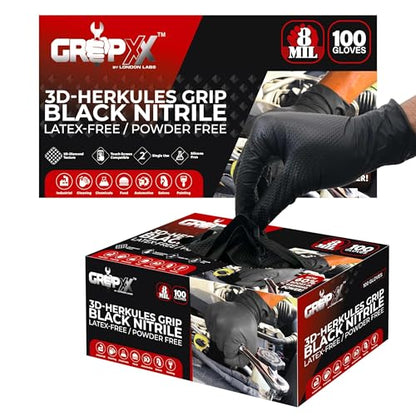 GRIPXX Herkules Grip Heavy Duty 8Mil Black Nitrile Gloves,3D Raised Diamond Texture-Latex & Powder-Free Industrial, Mechanic - size: Small