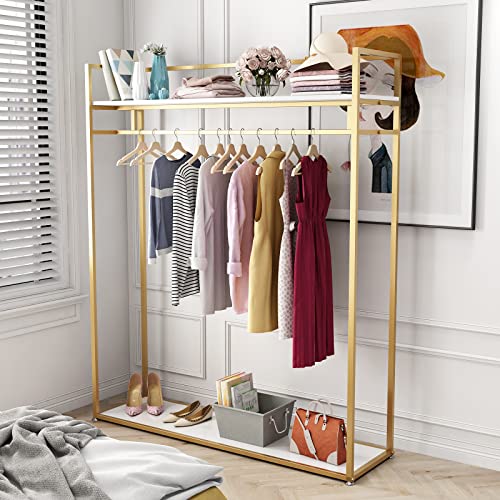 Heavy Duty Gold Clothing Rack with Shelves for Hanging Clothing, Gold Metal Freestanding Garment Rack for Retail Display (59" L) - style: double-59