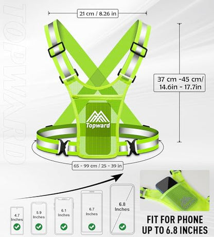 Topward Running Vest Chest Phone Holder for Women Men, Reflective Vest Safety Gear for Dog Walking Cycling - Adjustable Waist/Shoulder - color: Green