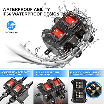 Waterproof On Off Toggle Switch Double Switch with Red Light Rocker Button Inline Cord Switch DPST AC/DC 20A-125V,16A-250V,30A-24V,35A-12V, IP66 4 Exit - color: Red/2 Switch/4 Outlet