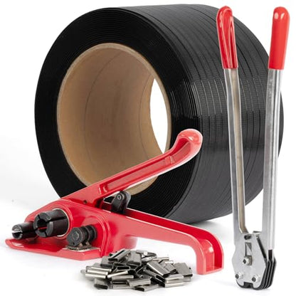 U.S. Solid Heavy Duty Packing Strapping Tensioner Kit 150 Metal Seals, 0.47" x 0.03" x 2460ft Polypropylene Strapping, Pallet Tensioner Sealing Tool - color: black