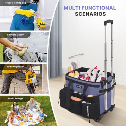 JKAOO Large Rolling Cleaning Caddy Bag with Detachable Trolley, Denim Blue - color: Denim Blue