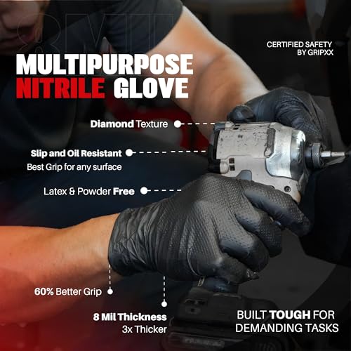 GRIPXX Herkules Grip Heavy Duty 8Mil Black Nitrile Gloves,3D Raised Diamond Texture-Latex & Powder-Free Industrial, Mechanic - size: Medium